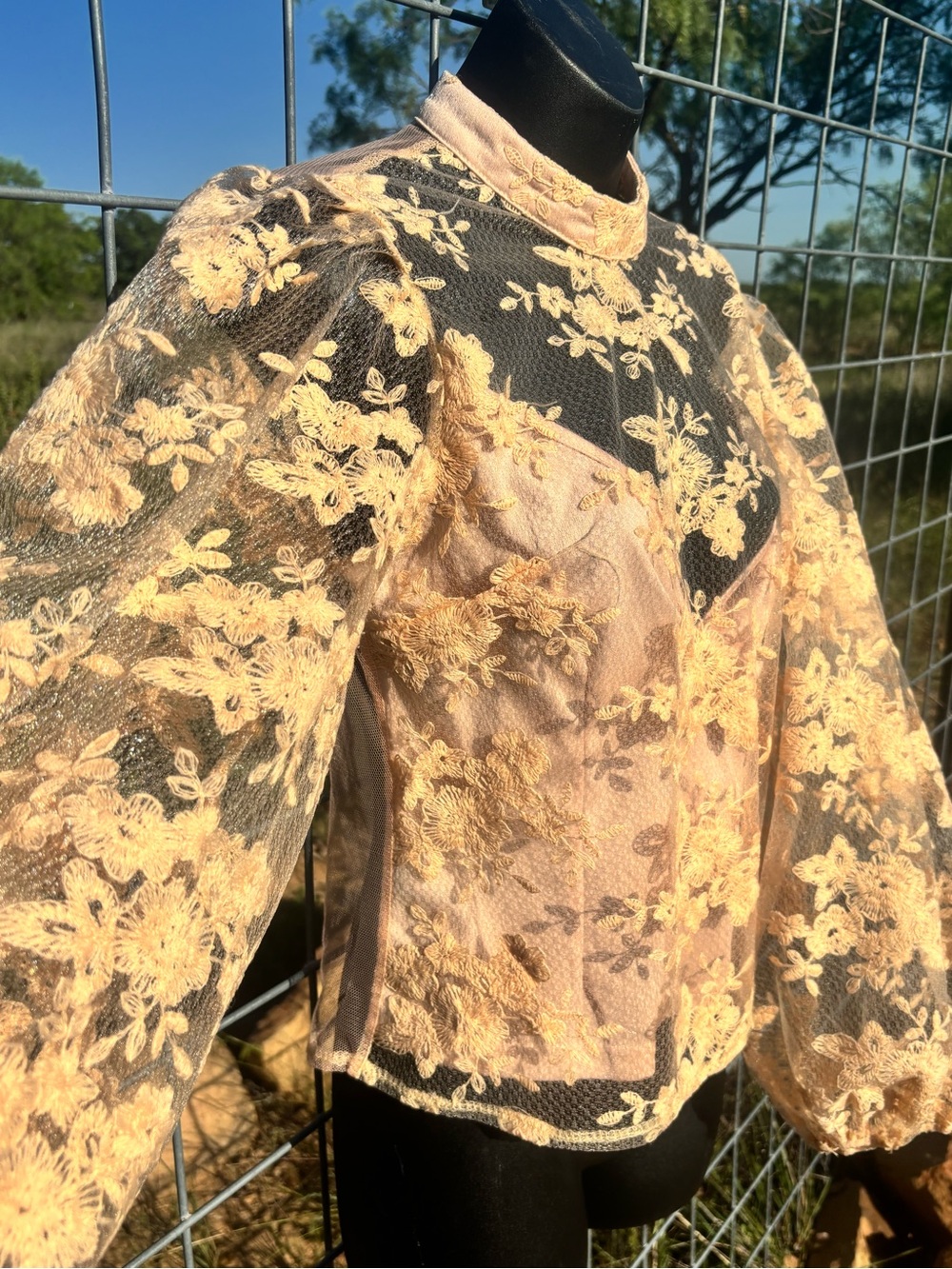 Peach Love California Peach Lace Floral High-Neck Puff Sleeve Blouse